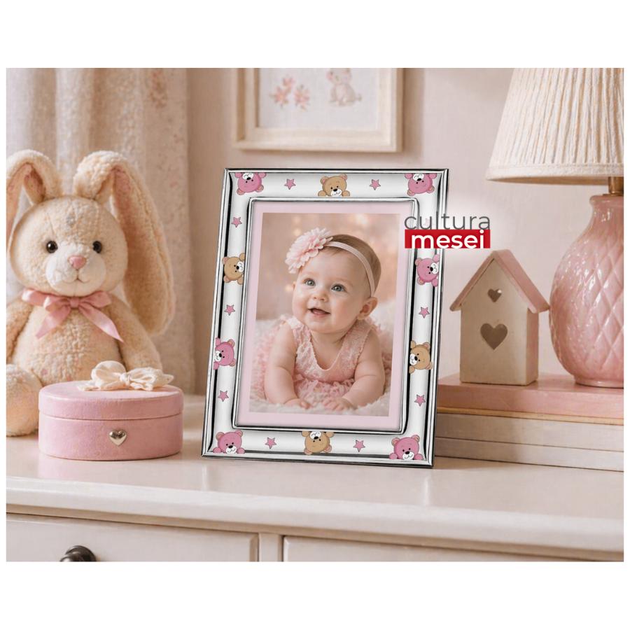 Rama foto Argint "Bebe" 13x18 cm Ursuleti Roz Noapte Buna