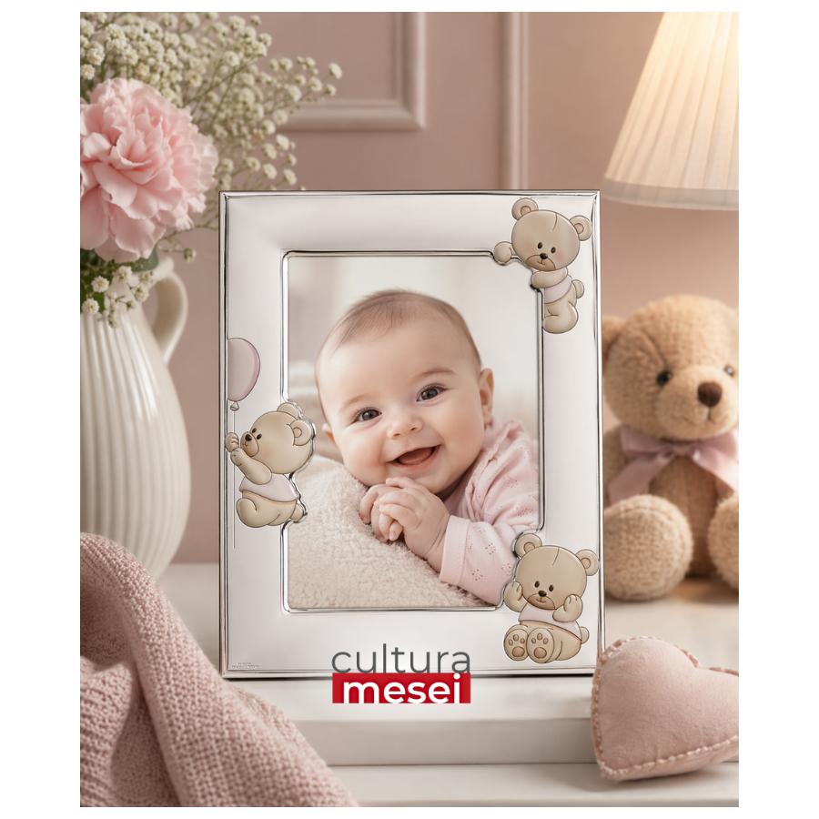 Rama foto Argint "Bebe" 13x18 cm Ursuleti Maro Balon Roz