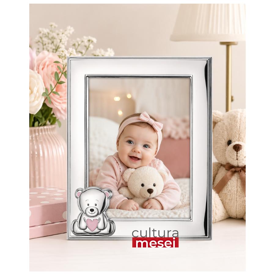 Rama foto Argint "Bebe" 13x18 cm Ursuleti Inimioara Roz